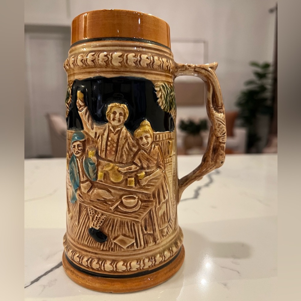 VTG Japan Ceramic Beer Stein Tavern Scene 7” German Style Beer Mug Made In Japan